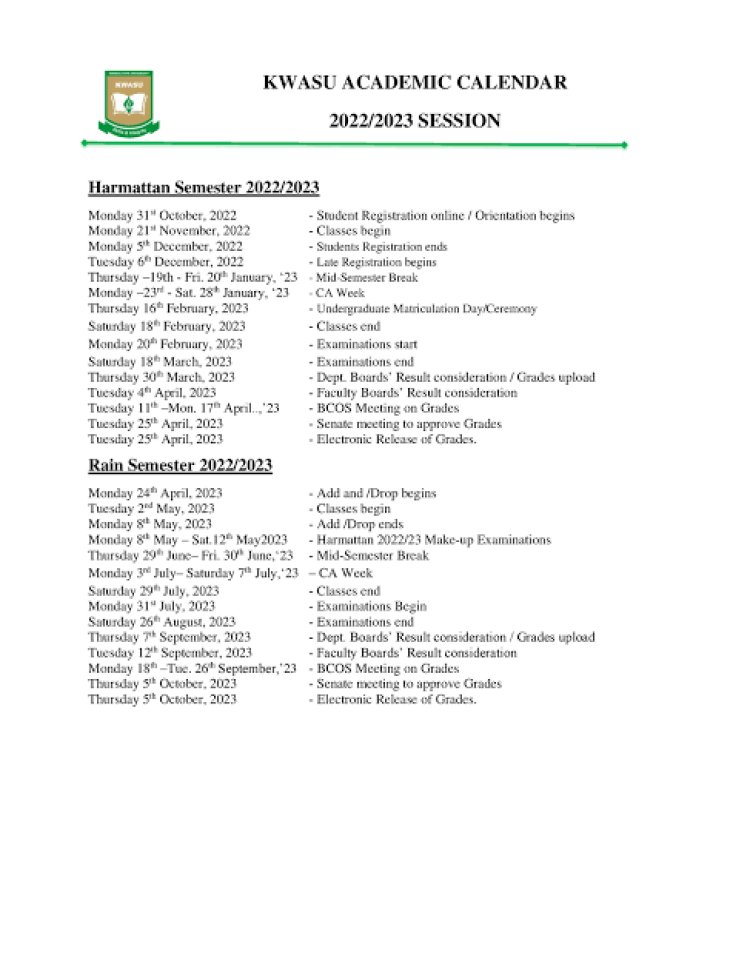 Kwara State University Releases Revised Academic Calendar for 2022/2023