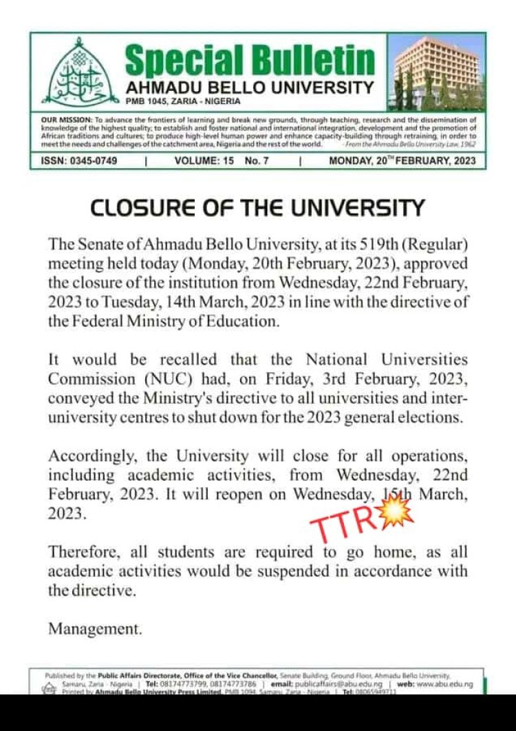 Ahmadu Bello University Suspends Academic Activities