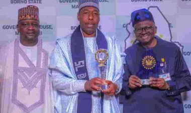 Borno State University Vice Chancellor, Professor Umar Kyari Sandabe felicitates with Governor Zulum