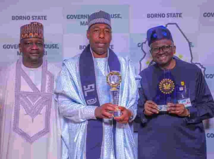 Borno State University Vice Chancellor, Professor Umar Kyari Sandabe felicitates with Governor Zulum