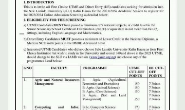 Sule Lamido University Kafin Hausa Announces 2023/2024 Cut-off Marks and Admission Guidelines