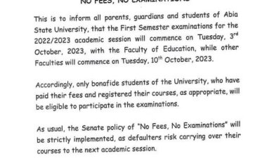 Abia State University First Semester Examinations for 2022/2023 Academic Session