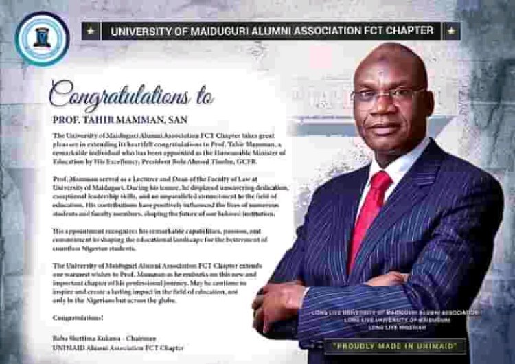 Prof. Tahir Mamman Appointed Honourable Minister of Education: UNIMAID Alumni Association Celebrates