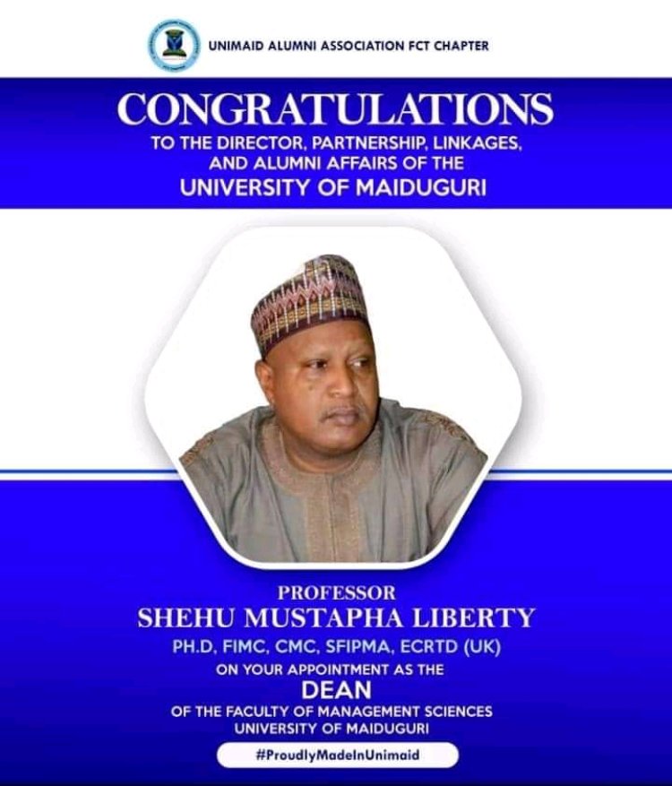 UNIMAID Extends Heartfelt Congratulations to Prof. Shehu Liberty - Dean, Faculty of Management Sciences