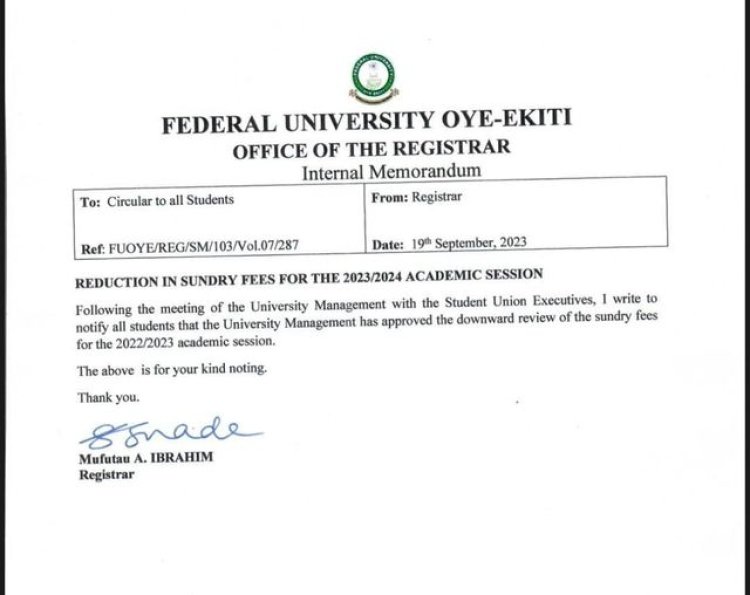 FUOYE Bows to Pressure, Announces Reduction in Sundry Fees for 2023/2024 Academic Session