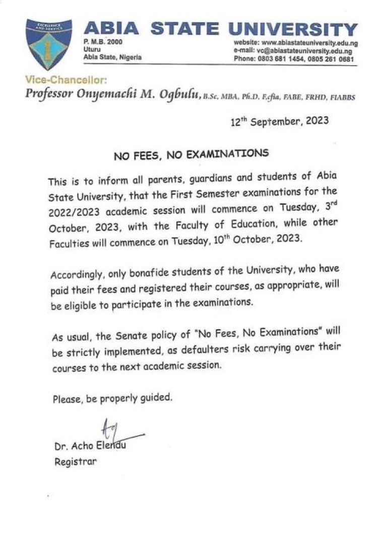 Abia State University First Semester Examinations for 2022/2023 Academic Session