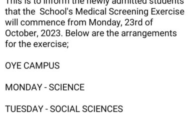 Medical Screening Schedule for Newly Admitted FUOYE Students