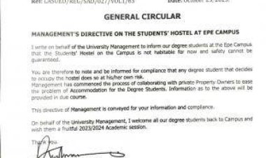 LASUED Issues Notice on Epe Campus Student Hostel Conditions