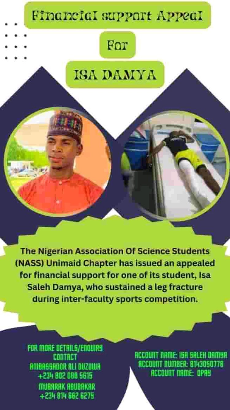 UNIMAID National Association of Science Students Calls for Support in Fellow Student's Recovery
