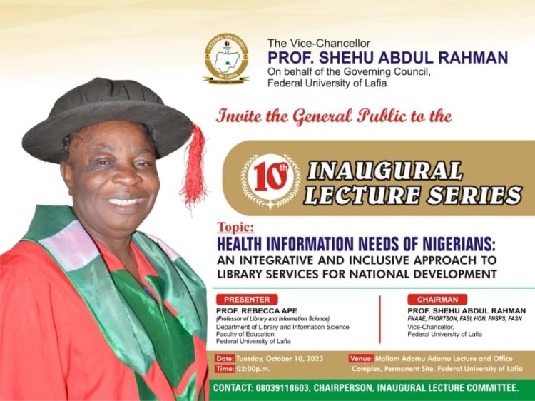 Immediate past University librarian of (FULafia) Professor (Mrs.) Rebecca Ape to deliver 10th FULafia Inaugural Lecture