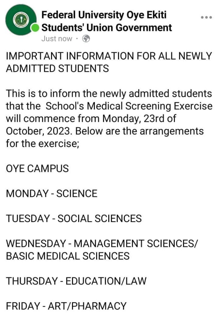 Medical Screening Schedule for Newly Admitted FUOYE Students