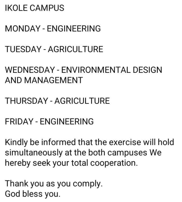 Medical Screening Schedule for Newly Admitted FUOYE Students