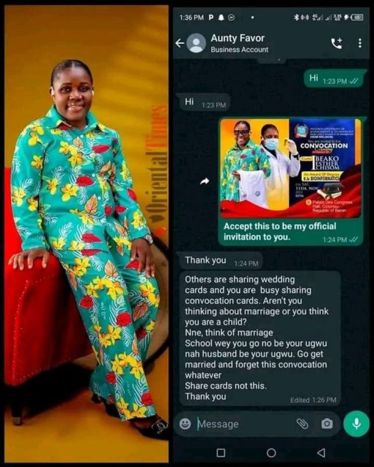 "Others Are Sharing Wedding Cards, and You Are Busy Sharing Convocation Cards” — Nigerian Lady Shares Message from Aunt After Sending Convocation Invitation