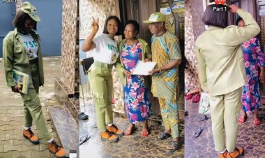 Lady marches like soldier to congratulate parents after NYSC, salutes, and hands over her certificate