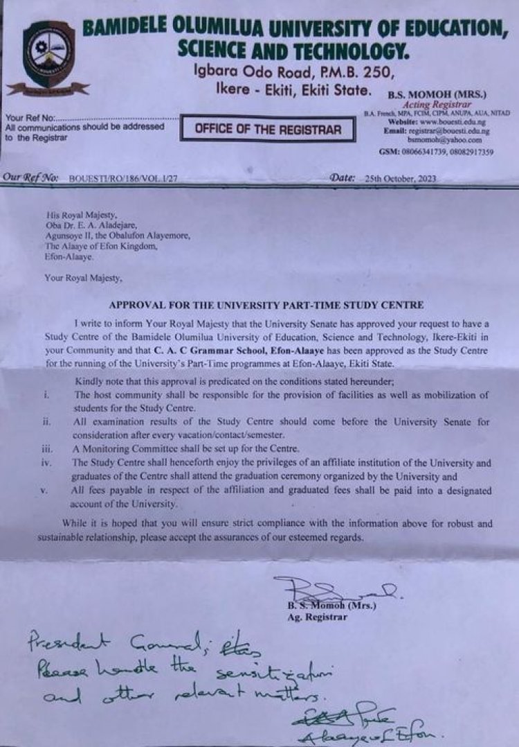 Bamidele Oluminua University Receives Senate Approval for New Part-time Study Center in Efon Alaaye, Ekiti State, Nigeria