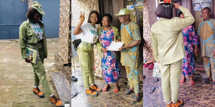 Lady marches like soldier to congratulate parents after NYSC, salutes, and hands over her certificate