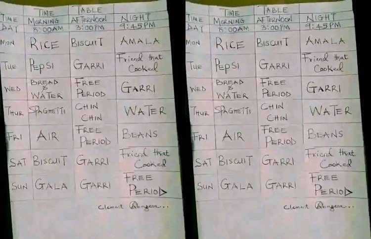 Food Timetable Reveals Hardships: 'Friend That Cooked,' 'Air,' 'Water', and 'Free Period' Spark Reactions Among Nigerian Students