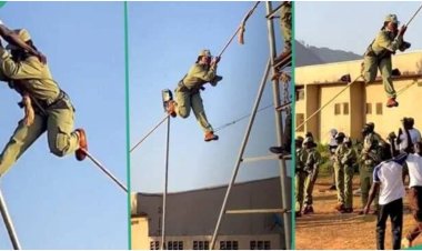 NYSC Trainee Conquers Heights in Daring Rope Climbing Display During Man O' War Drill