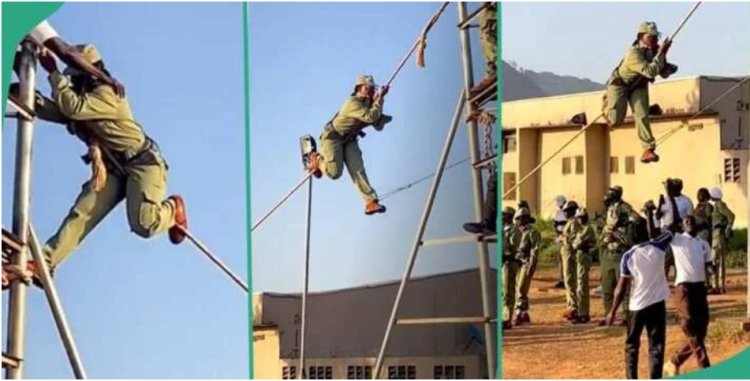 NYSC Trainee Conquers Heights in Daring Rope Climbing Display During Man O' War Drill