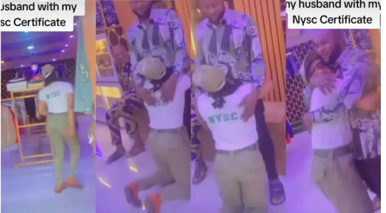 Heartwarming Gesture: Ex-Corper Pays Surprise Visit To Her Husband’s Shop, Kneel To Thank Him For Training Her