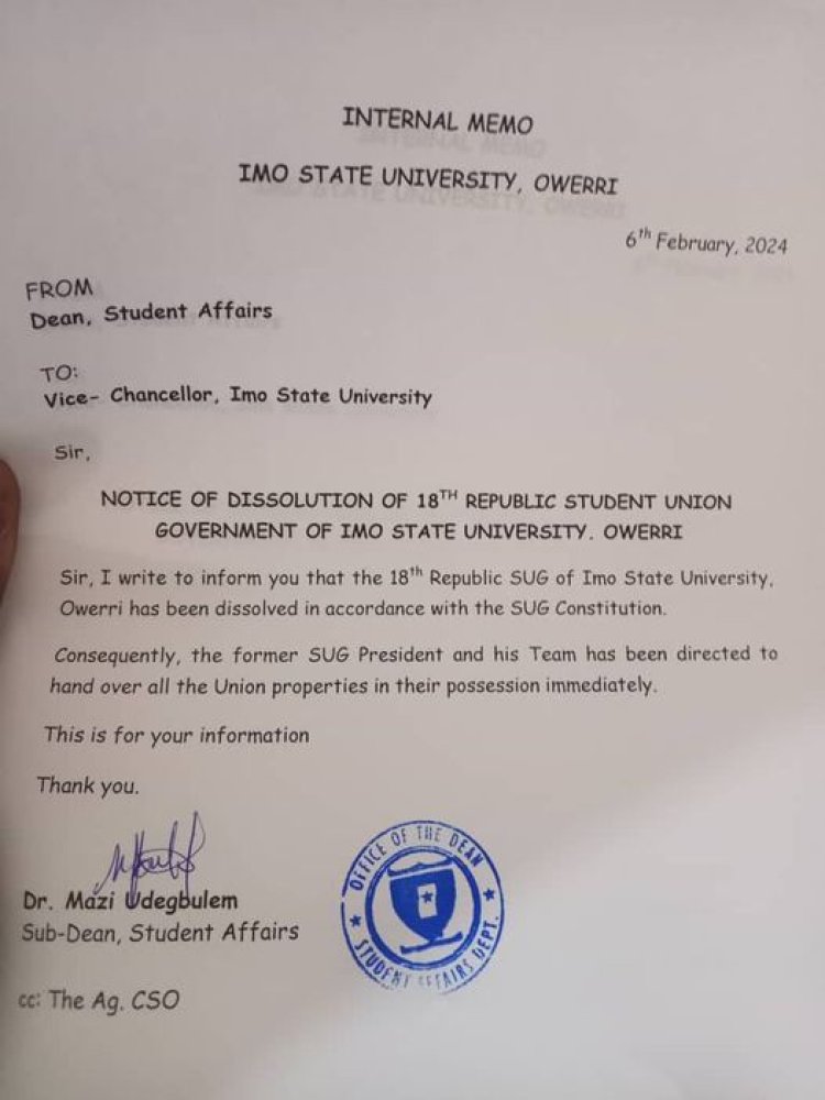 Imo State University Dissolves 18th Republic Student Union Government