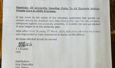 ABSU Issues Warning to Student Car Owners