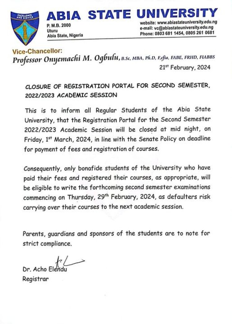 ABSU PRO Issues Reminder to Students for School Portal Closure