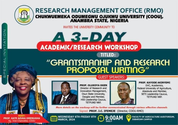 COOU to Host 3-Day Workshop on Grantsmanship and Research Proposal Writing