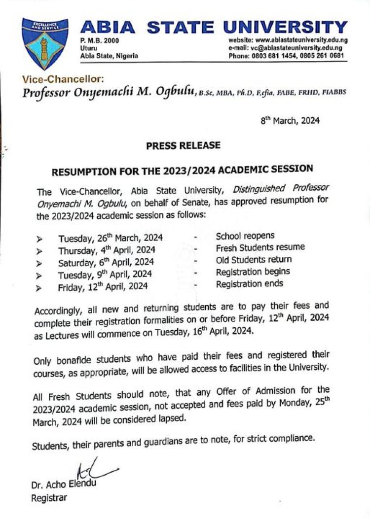 Abia State University Announces Resumption Date for 2023/2024 Academic Session