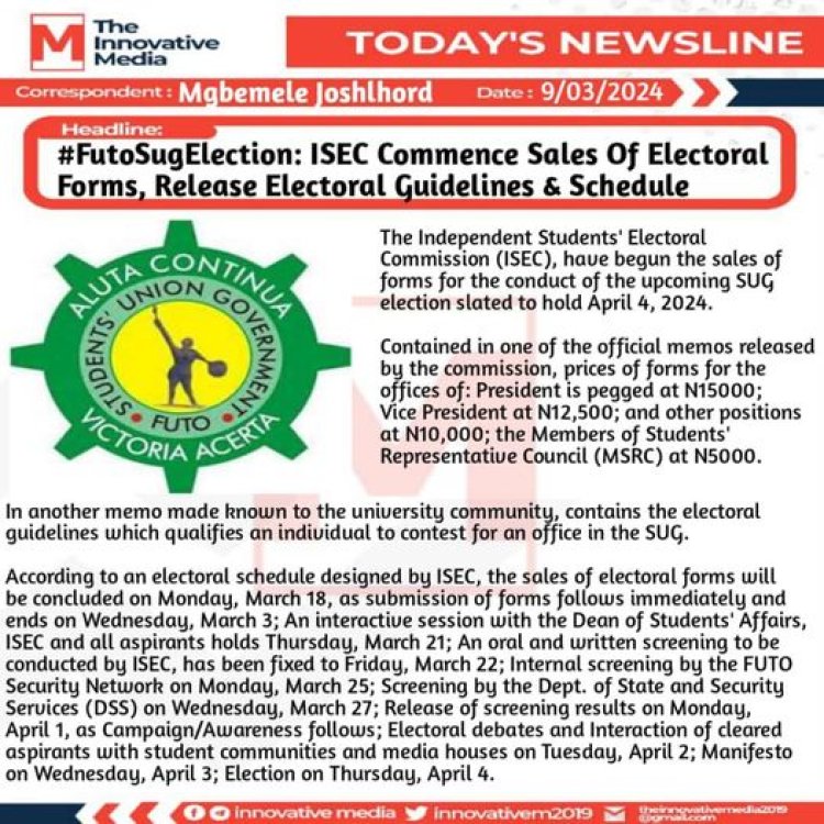 FUTO ISEC Begins Sales of Electoral Forms Ahead of SUG Elections