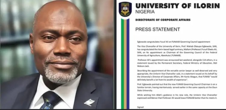 UNILORIN VC Congratulates Yusuf Ali on FUNAAB Governing Council appointment