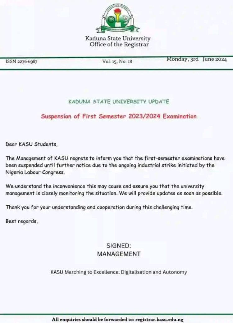 KSU Releases Official Circular on Suspension of First Semester 2023/2024  Examinations