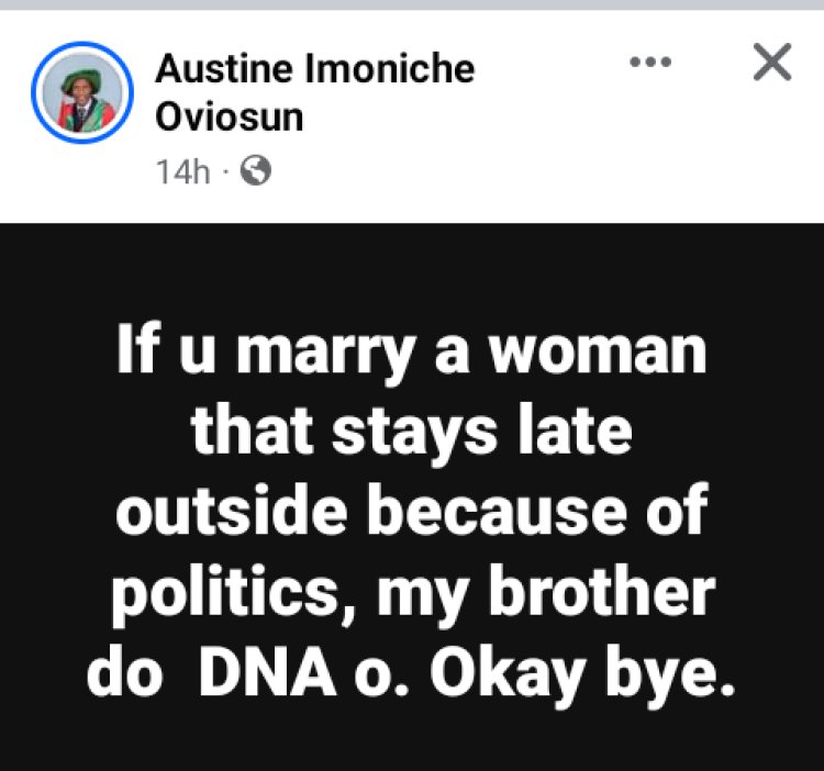 men married to women who stay out late due to political activities to consider DNA paternity tests - Nigerian lecturer