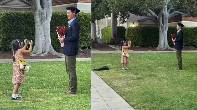 Little Girl Proudly Photographs Her Dad's Graduation with Honors from US University