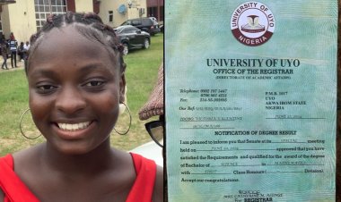 Female Student Victoria Idobo Graduates with First Class Honours in Mathematics at UNIUYO