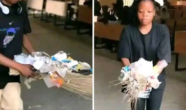 Reactions As Federal Polytechnic Bida SUG Candidate Seen Sweeping Lecture Hall