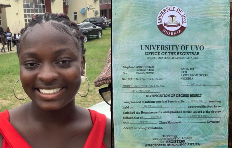 Female Student Victoria Idobo Graduates with First Class Honours in Mathematics at UNIUYO