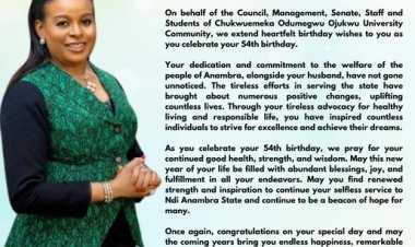 COOU Celebrates Mrs. Nonye Soludo's 54th Birthday with Warm Wishes and Acknowledgment