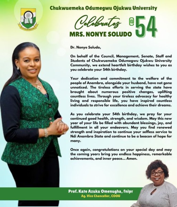 COOU Celebrates Mrs. Nonye Soludo's 54th Birthday with Warm Wishes and Acknowledgment