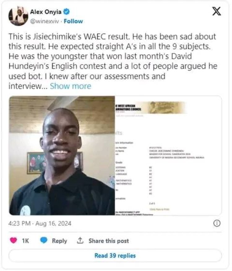 WAEC Results of UNN Professor's Son Go Viral Amid Disappointment