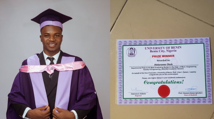 Abdulrazeez Oboh Emerges Best Graduating Student of 2022/2023 Academic Session, Department of Mechanical Engineering, University of Benin