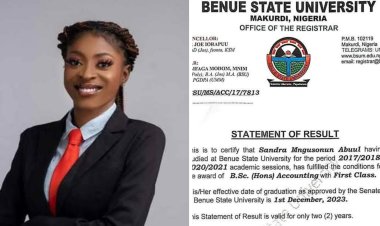 Benue State University Student Sandra Mngusonun Abuu Achieves Perfect 5.0 CGPA