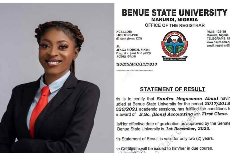 Benue State University Student Sandra Mngusonun Abuu Achieves Perfect 5.0 CGPA