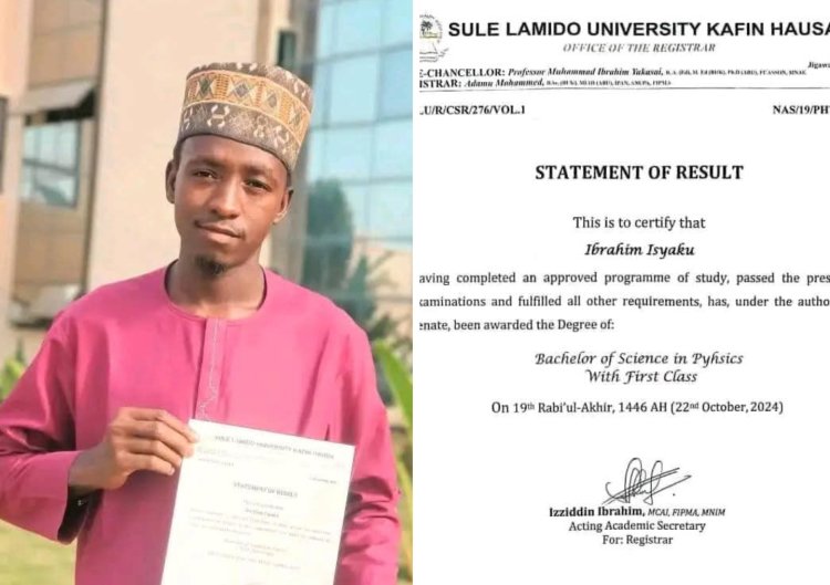 Sule Lamido University Graduate Ibrahim Isyaku Achieves Academic Excellence With 4.71 CGPA in Physics