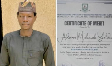 Adamu Mubarak Yeldu Receives Certificate of Merit for Outstanding Achievement at Abdullahi Fodio University of Science and Technology, Aliero