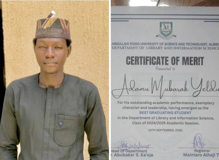Adamu Mubarak Yeldu Receives Certificate of Merit for Outstanding Achievement at Abdullahi Fodio University of Science and Technology, Aliero