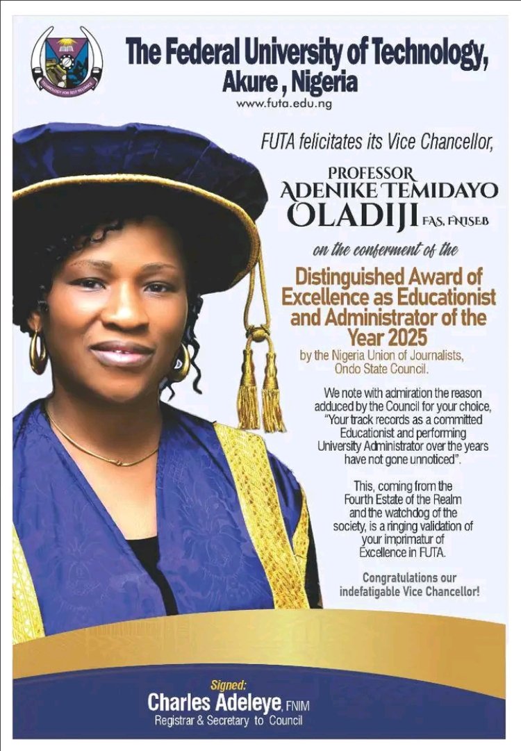 NUJ Ondo Honours FUTA Vice-Chancellor with Distinguished Educationist and Administrator Award