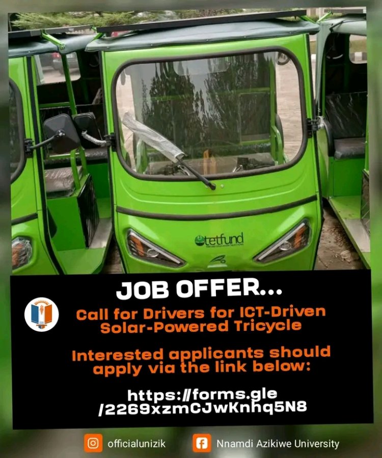 UNIZIK Calls for Drivers for ICT-Driven Solar-Powered Tricycle