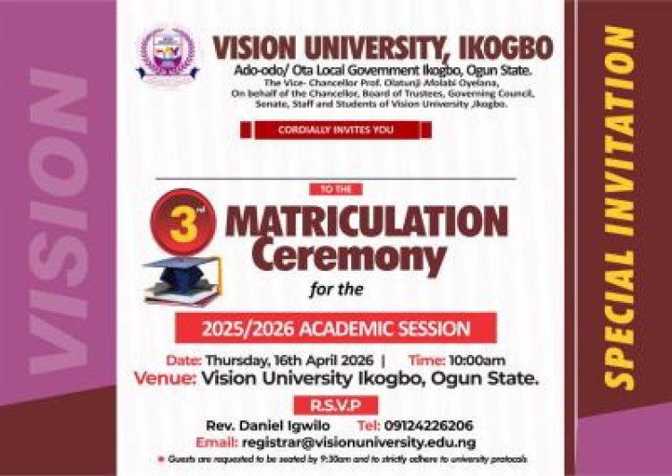Vision University to Hold 3rd Matriculation Ceremony for 2025/2026 Fresh Students