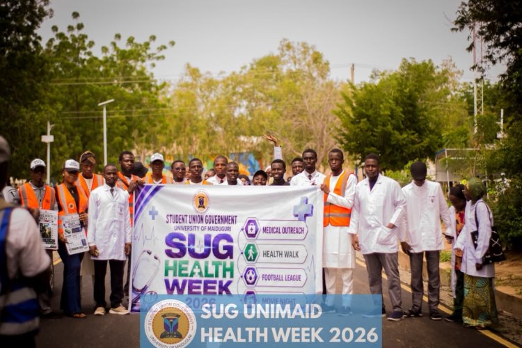 The SUG President, Aliyu Idriss Dakasku alongside The SUG Health Director, Pius Iliya Simon Flag Off UNIMAID 2026 Health Week with Campus Health Walk